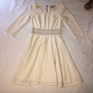 White Textured Mid-Sleeve Flowy Dress